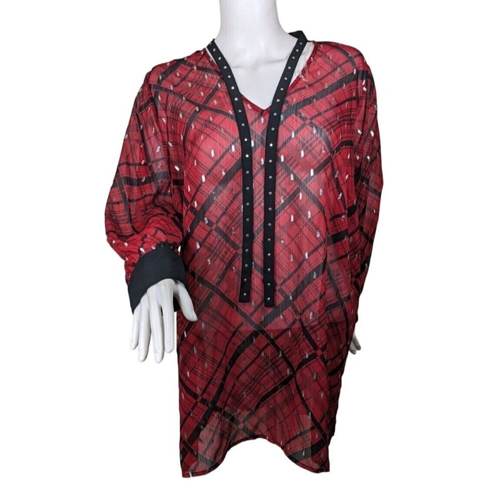 Slim Factor womens Plus Size 2X Sheer Top blouse Red V Neck  Long Sleeve  (13)